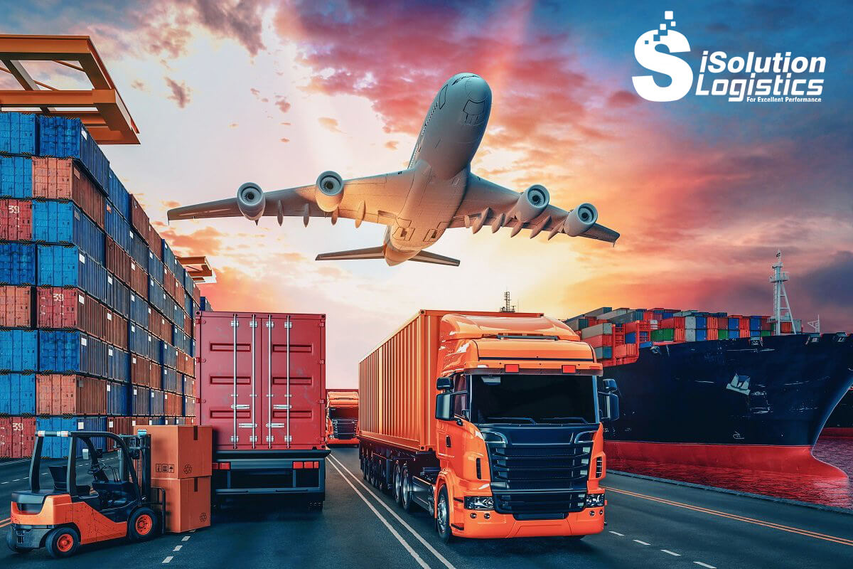 iSolution Logistics: containers, truck and cargo plane at sunset